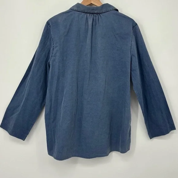 Garnet Hill chambray collared V Neck popover top / tunic  100% Cotton Large - Picture 7 of 8